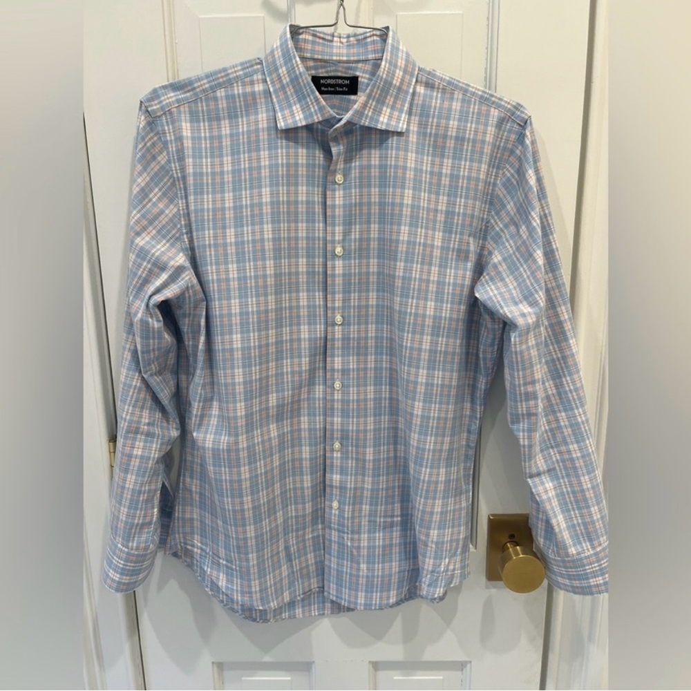 Nordstrom Men’s Shop Non-Iron Trim Fit Plaid Dress Shirt 15.5 32-33